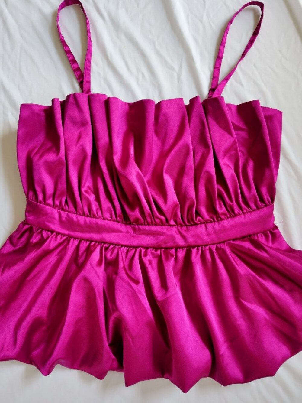 Thirty Thirty Camisole Bubble Hem Y2K McBling Ruched Satin Fuchsia Pink Size S
